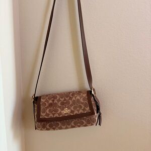 Coach Small Etta Brown Signature Canvas Crossbody with Leather Trim